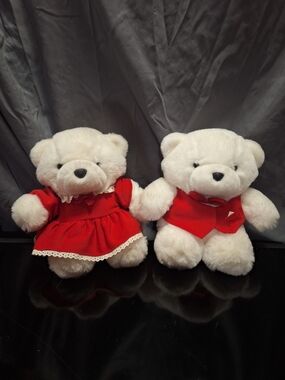 Vintage Christmas Teddy Bear Couple | White Plush Bears in Red Holiday Outfits